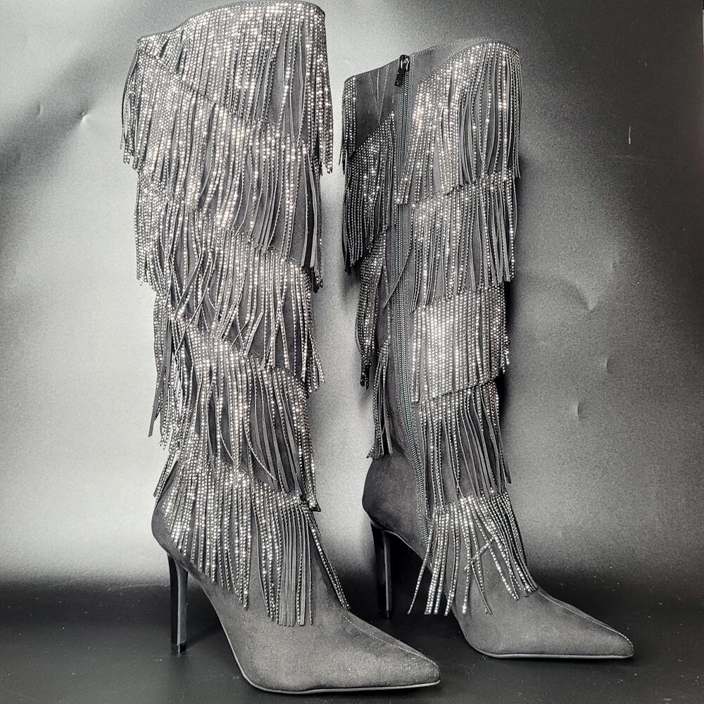 NWOB INC Size 7 Shyn Black Faux Suede Embellished‎ Fringe Western Cowgirl Boots